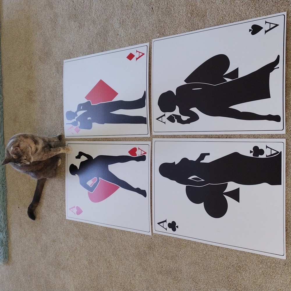 4 different 007 Party decoration poker cards, James Bond, 16"x24"